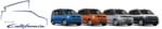 Reihe von vier neuen Volkswagen California T7 Modellen von links nach rechts: blauer Beach, orangener Beach Camper, grauer Coast und zweifarbiger blau-weißer Ocean, mit dem Text ‘The all-new California’.